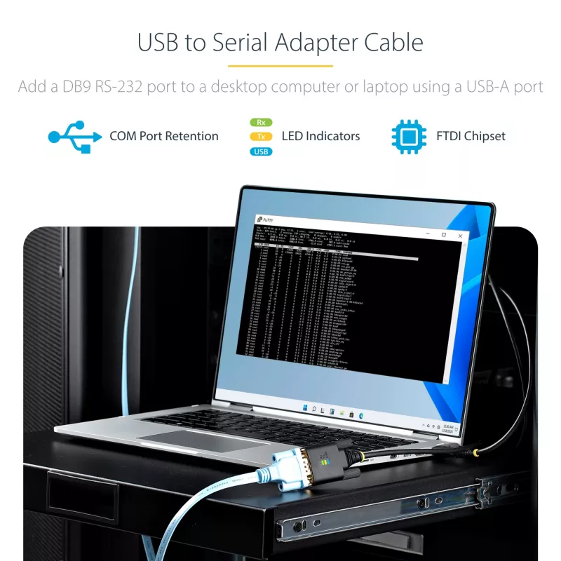 StarTech.com 10ft (3m) USB į serijinį adapterio kabelis, COM išlaikymas, keičiami varžtai/veržlės, USB-A į DB9 RS232, FTDI IC, ESD apsauga, Windows/macOS/Linux