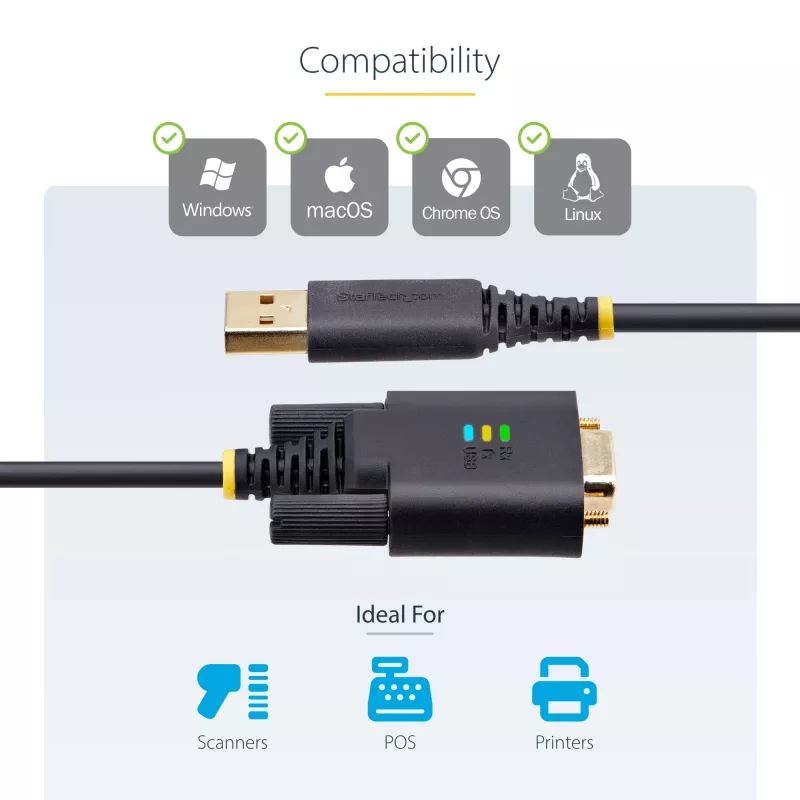 StarTech.com 10ft (3m) USB į serijinį adapterio kabelis, COM išlaikymas, keičiami varžtai/veržlės, USB-A į DB9 RS232, FTDI IC, ESD apsauga, Windows/macOS/Linux