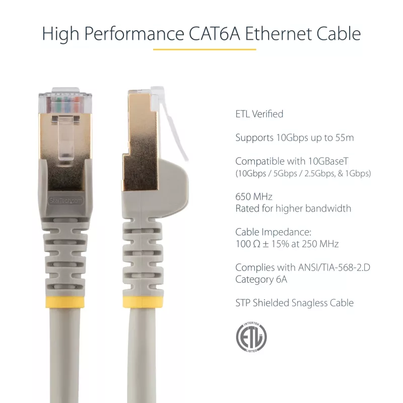 StarTech.com 1m CAT6a Ethernet kabelis - 10 Gigabit ekranuotas RJ45 100W PoE jungiamasis laidas - 10GbE STP tinklo laidas su įtempimo reljefu - pilkas, individualiai testuotas / laidai UL sertifikuoti / TIA
