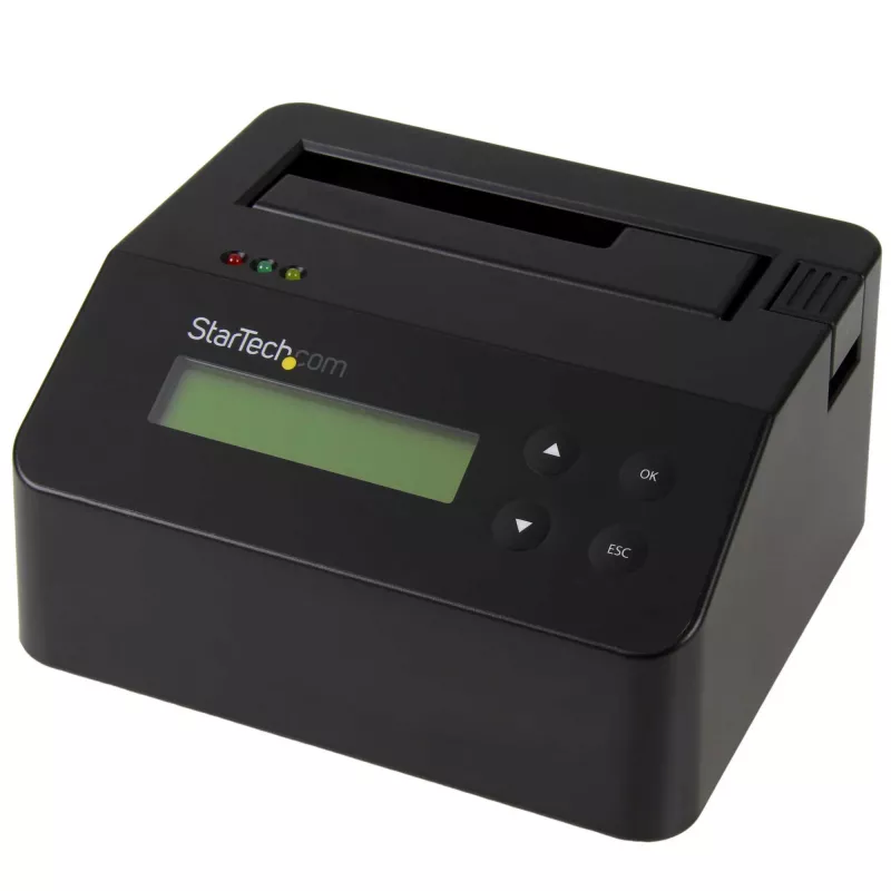 StarTech.com Vieno lizdo kietojo disko trynimo stotelė, atskiras HDD/SSD sanitizer, USB 3.0 į SATA II (3 Gbps), 9 trynimo režimai, LCD ekranas, saugus kietojo disko trynimo dokas, DB-9 spausdintuvo prievadas, TAA atitiktis