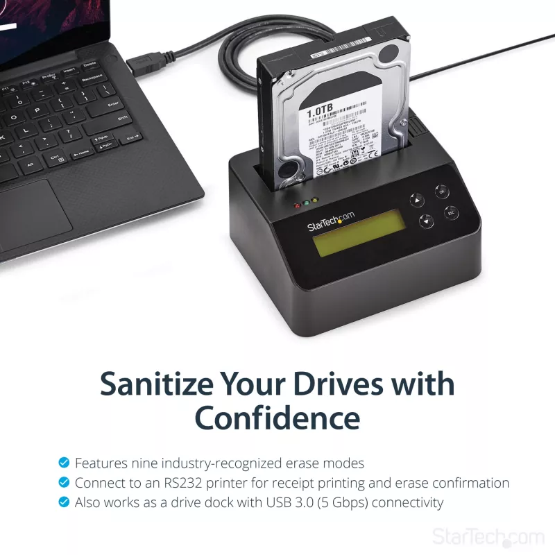 StarTech.com Vieno lizdo kietojo disko trynimo stotelė, atskiras HDD/SSD sanitizer, USB 3.0 į SATA II (3 Gbps), 9 trynimo režimai, LCD ekranas, saugus kietojo disko trynimo dokas, DB-9 spausdintuvo prievadas, TAA atitiktis