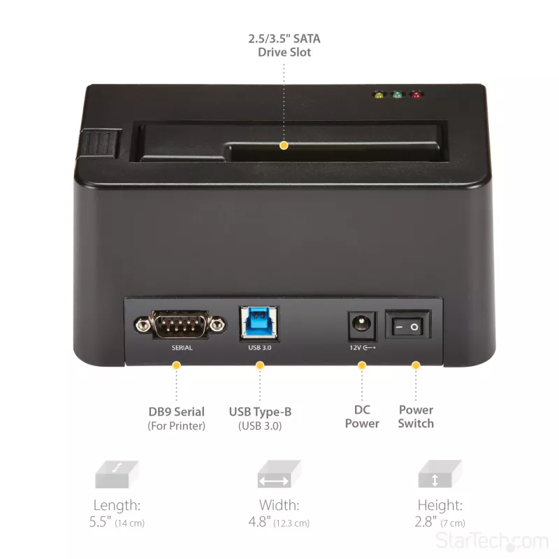 StarTech.com Vieno lizdo kietojo disko trynimo stotelė, atskiras HDD/SSD sanitizer, USB 3.0 į SATA II (3 Gbps), 9 trynimo režimai, LCD ekranas, saugus kietojo disko trynimo dokas, DB-9 spausdintuvo prievadas, TAA atitiktis