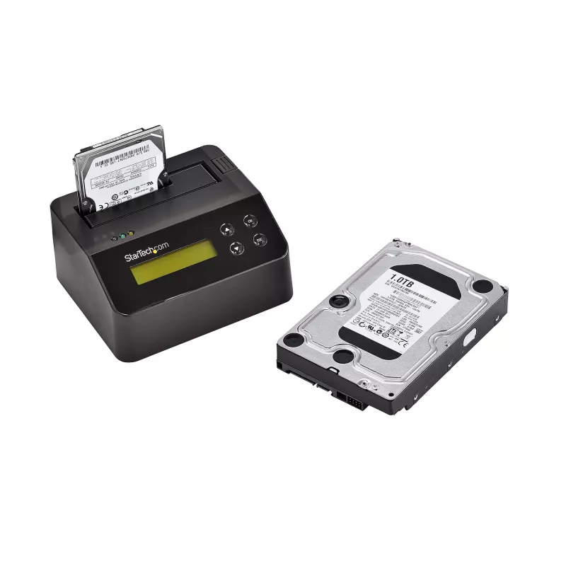 StarTech.com Vieno lizdo kietojo disko trynimo stotelė, atskiras HDD/SSD sanitizer, USB 3.0 į SATA II (3 Gbps), 9 trynimo režimai, LCD ekranas, saugus kietojo disko trynimo dokas, DB-9 spausdintuvo prievadas, TAA atitiktis