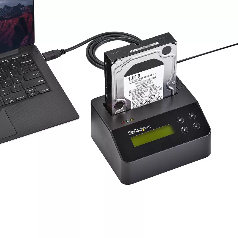 StarTech.com Vieno lizdo kietojo disko trynimo stotelė, atskiras HDD/SSD sanitizer, USB 3.0 į SATA II (3 Gbps), 9 trynimo režimai, LCD ekranas, saugus kietojo disko trynimo dokas, DB-9 spausdintuvo prievadas, TAA atitiktis