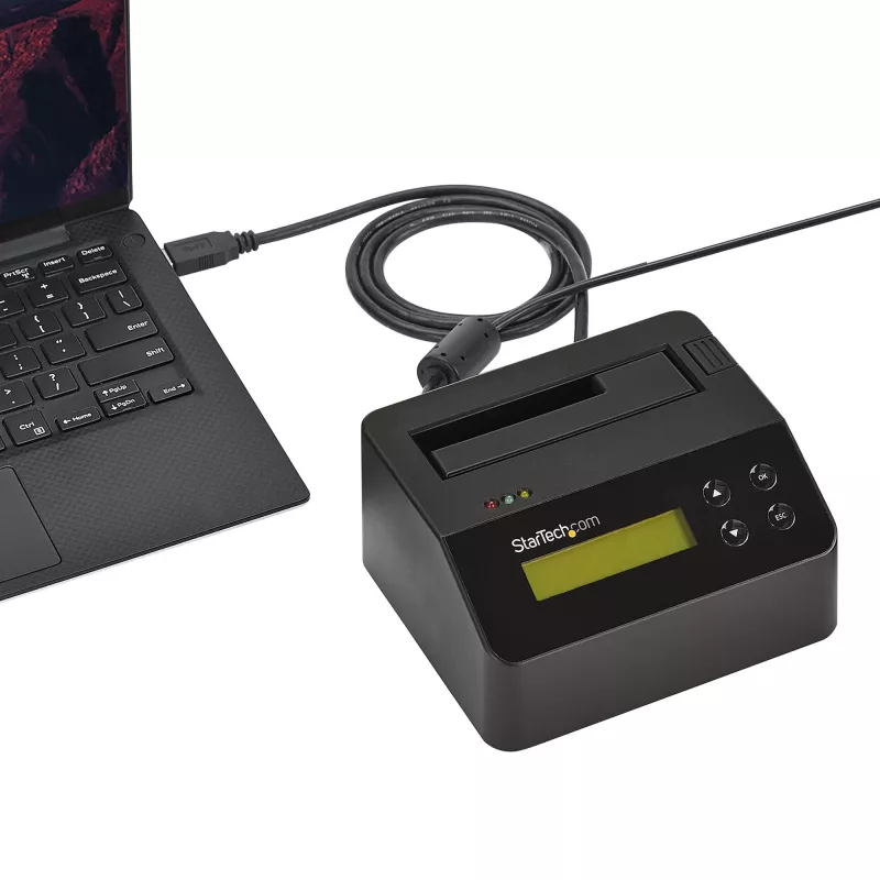 StarTech.com Vieno lizdo kietojo disko trynimo stotelė, atskiras HDD/SSD sanitizer, USB 3.0 į SATA II (3 Gbps), 9 trynimo režimai, LCD ekranas, saugus kietojo disko trynimo dokas, DB-9 spausdintuvo prievadas, TAA atitiktis