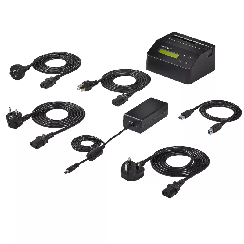 StarTech.com Vieno lizdo kietojo disko trynimo stotelė, atskiras HDD/SSD sanitizer, USB 3.0 į SATA II (3 Gbps), 9 trynimo režimai, LCD ekranas, saugus kietojo disko trynimo dokas, DB-9 spausdintuvo prievadas, TAA atitiktis