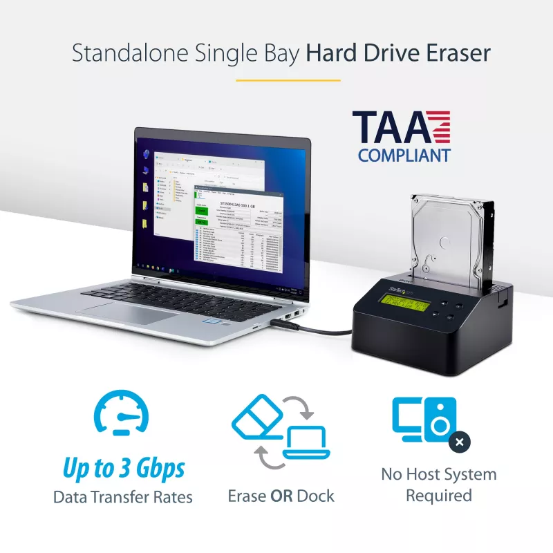 StarTech.com Vieno lizdo kietojo disko trynimo stotelė, atskiras HDD/SSD sanitizer, USB 3.0 į SATA II (3 Gbps), 9 trynimo režimai, LCD ekranas, saugus kietojo disko trynimo dokas, DB-9 spausdintuvo prievadas, TAA atitiktis
