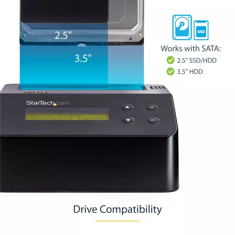 StarTech.com Vieno lizdo kietojo disko trynimo stotelė, atskiras HDD/SSD sanitizer, USB 3.0 į SATA II (3 Gbps), 9 trynimo režimai, LCD ekranas, saugus kietojo disko trynimo dokas, DB-9 spausdintuvo prievadas, TAA atitiktis