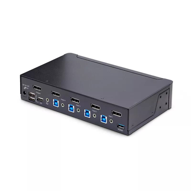 StarTech.com 4 prievadų DisplayPort KVM jungiklis, 8K 60Hz / 4K 144Hz, vienas ekranas, DP 1.4, 2x USB 3.0 prievadai, 4x USB 2.0 HID prievadai, mygtukinis ir klavišinis perjungimas, TAA atitiktis - OS nepriklausomas, metalinis korpusas