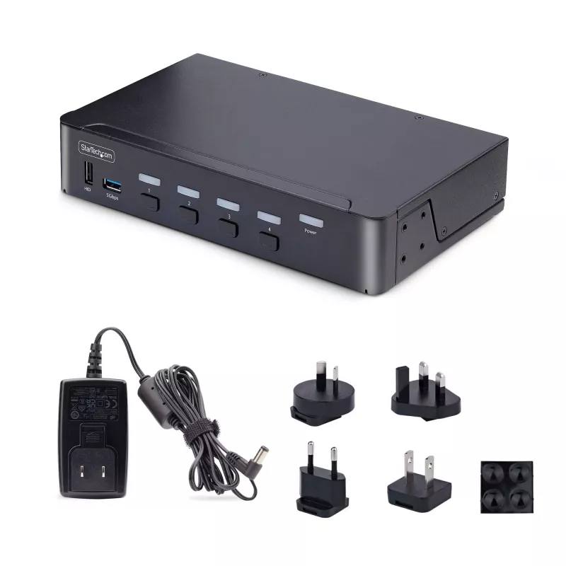 StarTech.com 4 prievadų DisplayPort KVM jungiklis, 8K 60Hz / 4K 144Hz, vienas ekranas, DP 1.4, 2x USB 3.0 prievadai, 4x USB 2.0 HID prievadai, mygtukinis ir klavišinis perjungimas, TAA atitiktis - OS nepriklausomas, metalinis korpusas