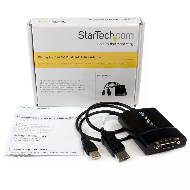 StarTech.com DP2DVID2 – aktyvus adapteris DisplayPort į DVI Dual Link, 2560x1600 60Hz, USB maitinimas, fiksuojanti jungtis