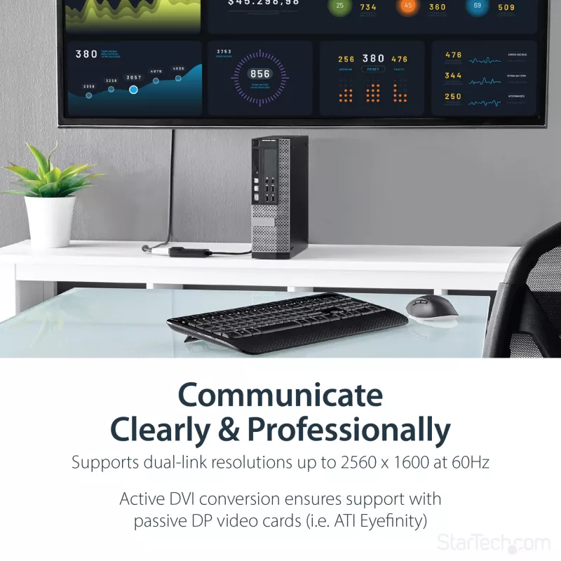 StarTech.com DP2DVID2 – aktyvus adapteris DisplayPort į DVI Dual Link, 2560x1600 60Hz, USB maitinimas, fiksuojanti jungtis