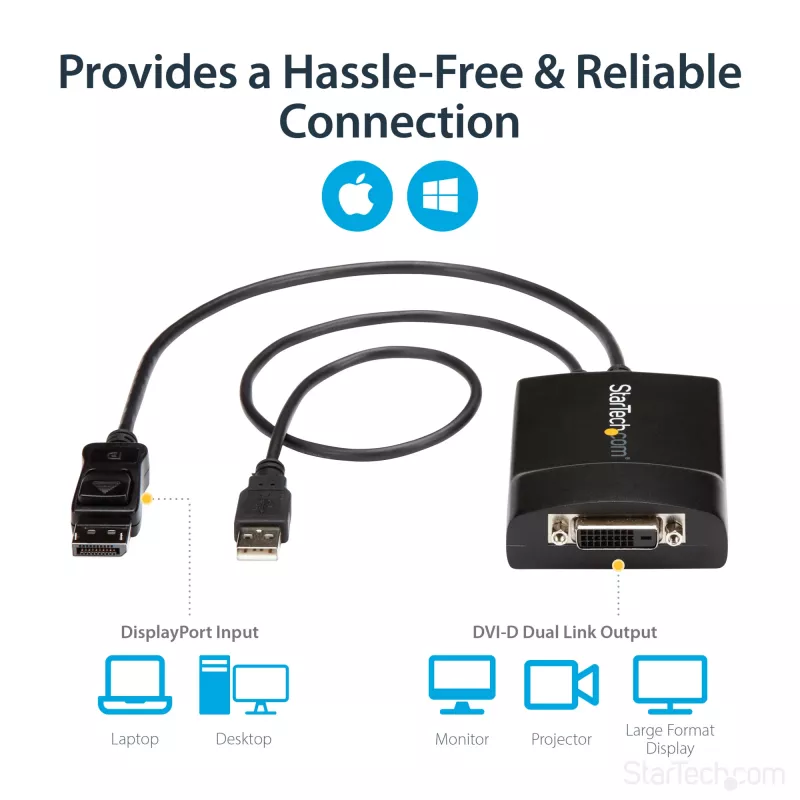 StarTech.com DP2DVID2 – aktyvus adapteris DisplayPort į DVI Dual Link, 2560x1600 60Hz, USB maitinimas, fiksuojanti jungtis