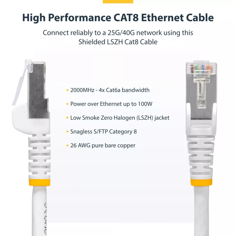 StarTech.com 10 m balta CAT8 Ethernet kabelis, RJ45, 25G/40G, 2000 MHz, 100W PoE++, S/FTP, 26AWG gryna vario viela, LSZH, ekranuotas tinklo laidininkas su įtempimo reljefais, individualiai išbandytas