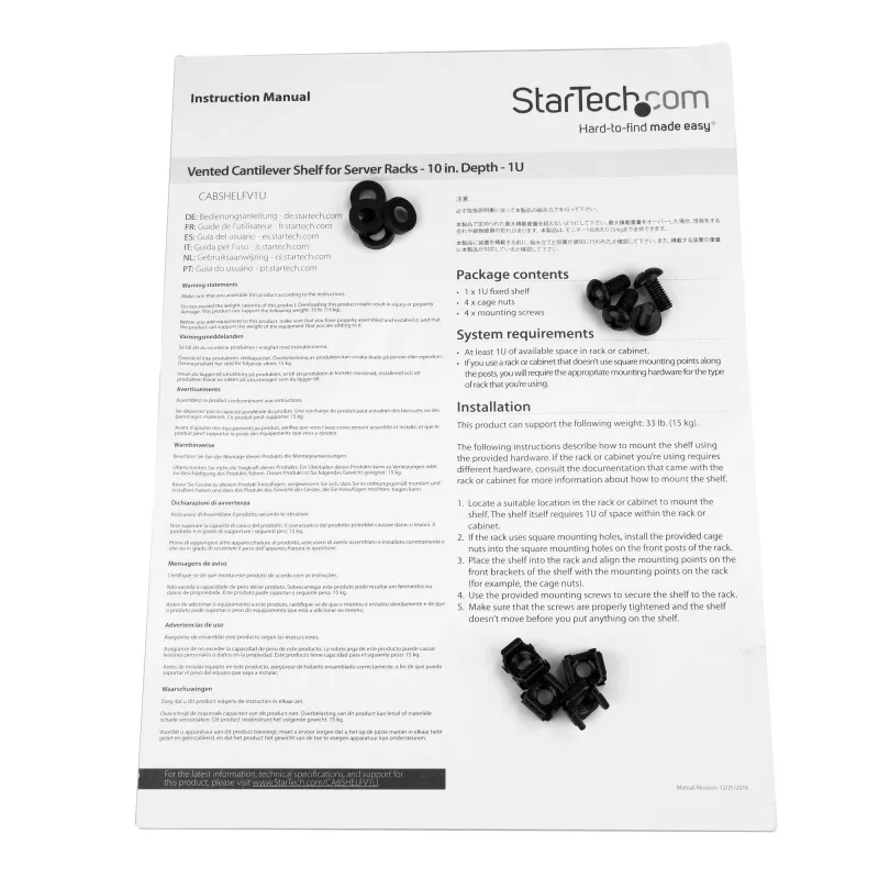 StarTech.com 1U Server Rack Shelf - Universali ventiliuojama konsolinė lentyna 19 inch tinklo įrangos stovui ir spintelei - Tvirtas plienas - Keliamoji galia 44 svarai (20 kg) - 10 colių gylio lentyna, juoda