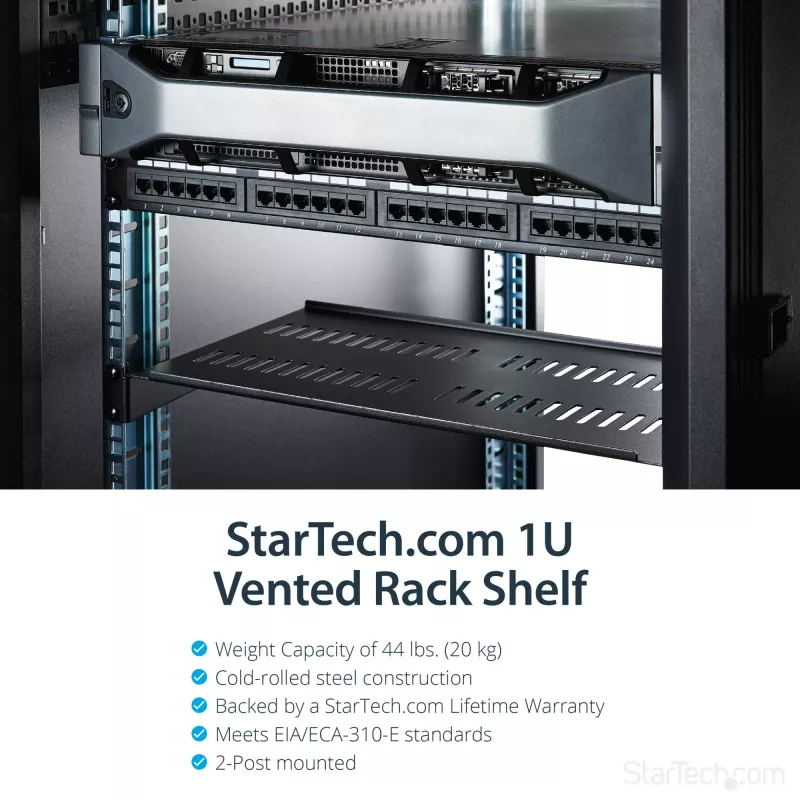 StarTech.com 1U Server Rack Shelf - Universali ventiliuojama konsolinė lentyna 19 inch tinklo įrangos stovui ir spintelei - Tvirtas plienas - Keliamoji galia 44 svarai (20 kg) - 10 colių gylio lentyna, juoda