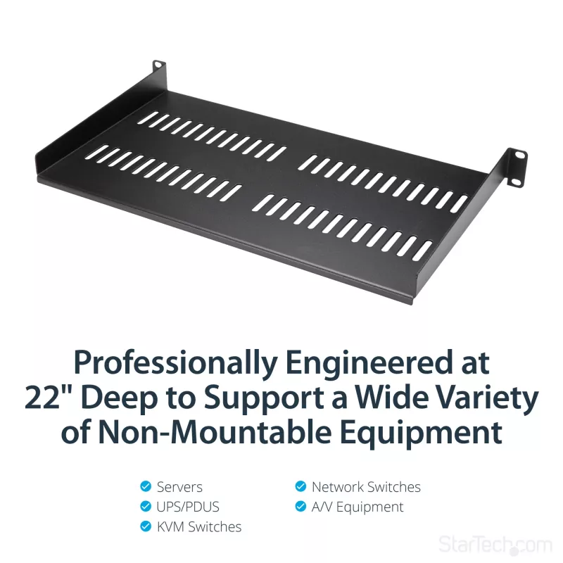 StarTech.com 1U Server Rack Shelf - Universali ventiliuojama konsolinė lentyna 19 inch tinklo įrangos stovui ir spintelei - Tvirtas plienas - Keliamoji galia 44 svarai (20 kg) - 10 colių gylio lentyna, juoda