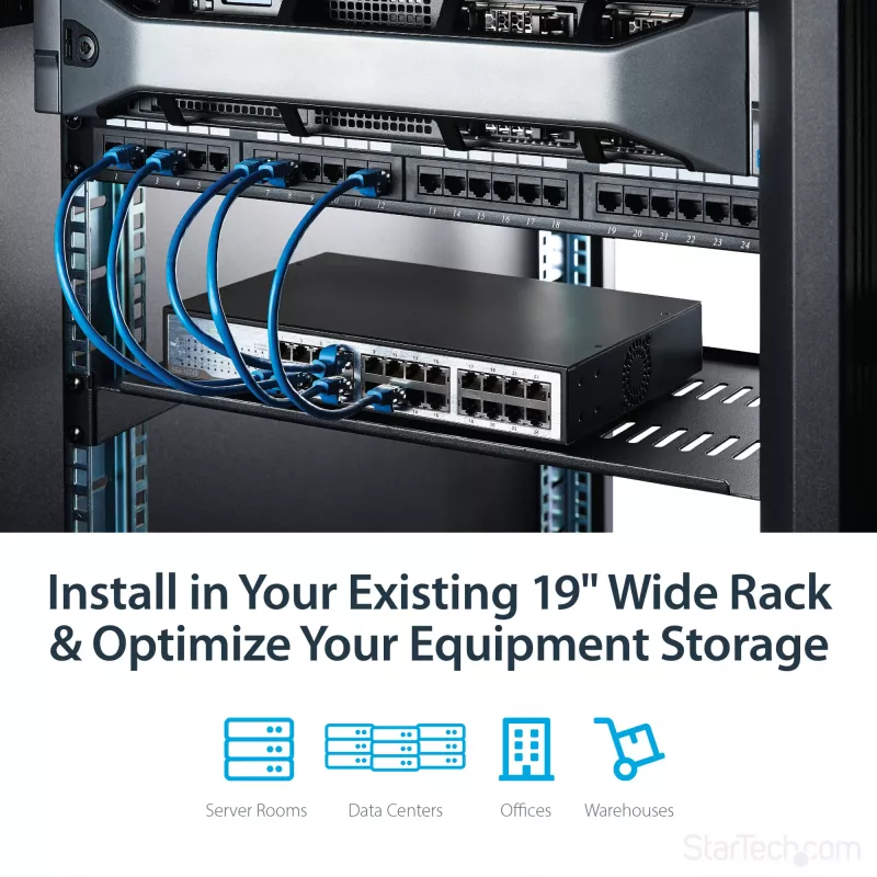 StarTech.com 1U Server Rack Shelf - Universali ventiliuojama konsolinė lentyna 19 inch tinklo įrangos stovui ir spintelei - Tvirtas plienas - Keliamoji galia 44 svarai (20 kg) - 10 colių gylio lentyna, juoda