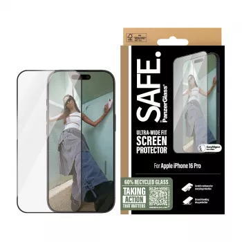 PanzerGlass SAFE. apsauginis stiklas su juodu rėmeliu iPhone 16 Pro | Ultra-Wide Fit