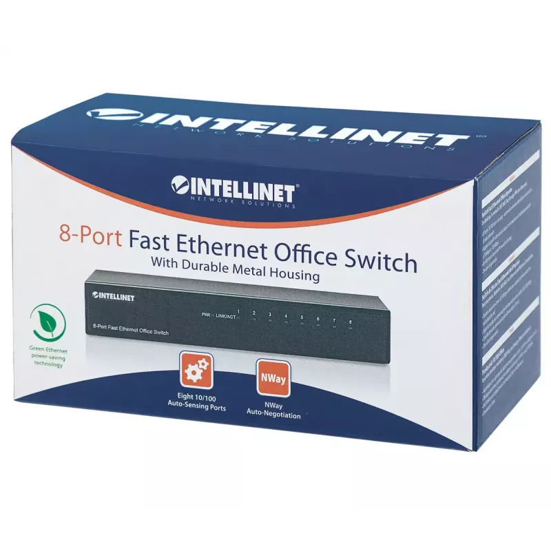 Intellinet 8 prievadų „Fast Ethernet“ biuro jungiklis, metalinis, stalinis, IEEE 802.3az