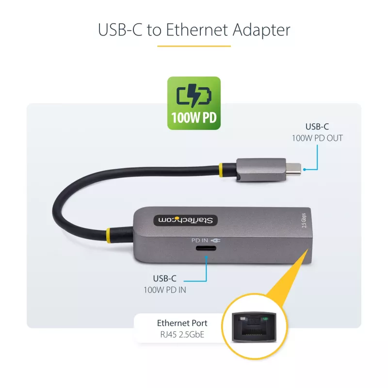 StarTech.com USB-C į Ethernet adapteris 2.5GbE, 100W PD praėjimas, NBASE-T NIC, USB 3.0 Type-C 2.5/1G kelių greičių tinklas, suderinamas su Thunderbolt, Windows ir Mac