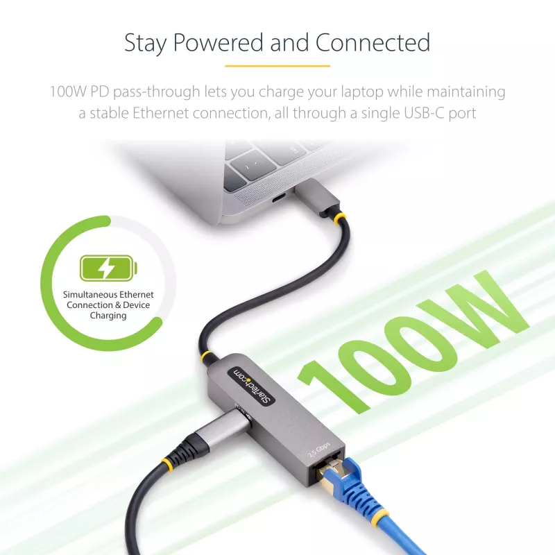StarTech.com USB-C į Ethernet adapteris 2.5GbE, 100W PD praėjimas, NBASE-T NIC, USB 3.0 Type-C 2.5/1G kelių greičių tinklas, suderinamas su Thunderbolt, Windows ir Mac