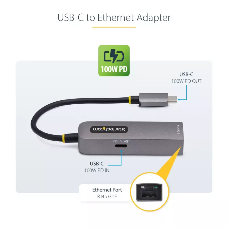 StarTech.com USB-C į Ethernet adapteris, NIC, 100W PD pralaidumas, USB 3.0 Type-C 1Gbps kelių greičių tinklo adapteris, suderinamas su Thunderbolt, Windows ir Mac
