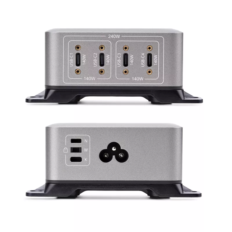 StarTech.com 4 prievadų kelių įrenginių USB-C įkroviklis, 240 W bendra galia, vienas prievadas 140 W EPR, PD 3.1, varžtiniai fiksavimo prievadai, konferencijų salėms, montavimo laikiklis paviršiui