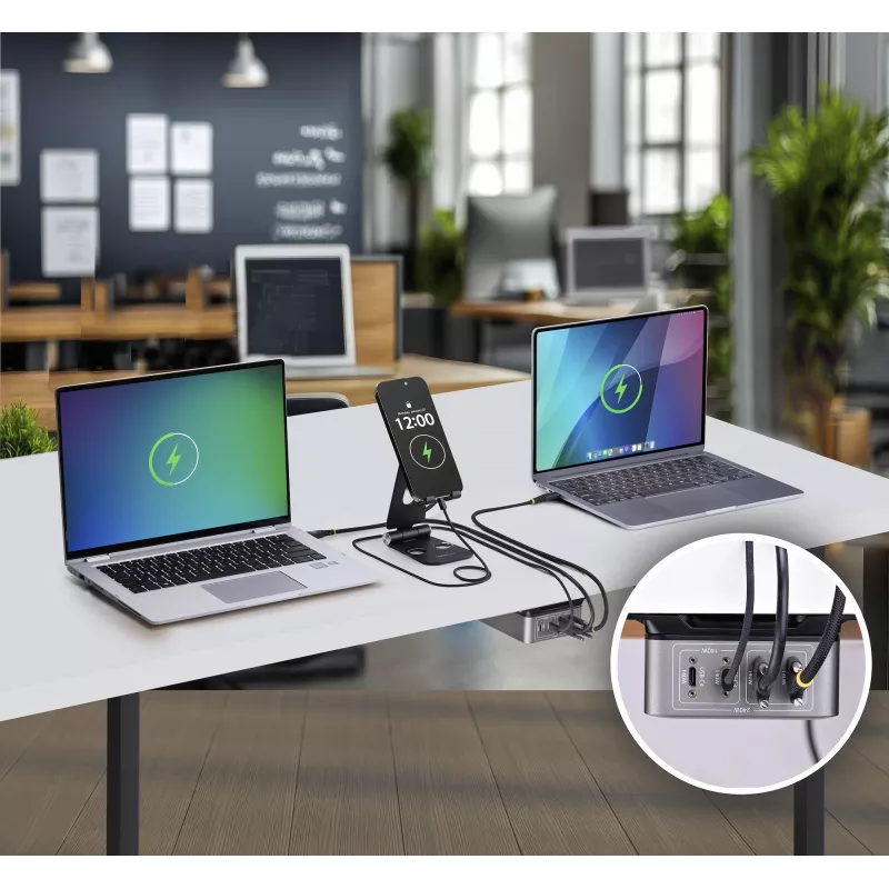 StarTech.com 4 prievadų kelių įrenginių USB-C įkroviklis, 240 W bendra galia, vienas prievadas 140 W EPR, PD 3.1, varžtiniai fiksavimo prievadai, konferencijų salėms, montavimo laikiklis paviršiui