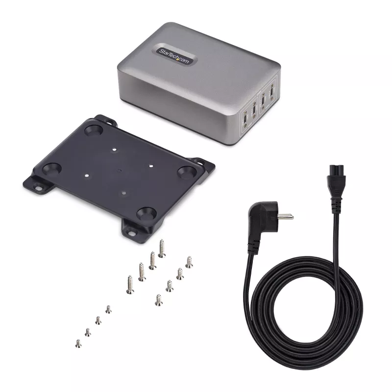 StarTech.com 4 prievadų kelių įrenginių USB-C įkroviklis, 240 W bendra galia, vienas prievadas 140 W EPR, PD 3.1, varžtiniai fiksavimo prievadai, konferencijų salėms, montavimo laikiklis paviršiui