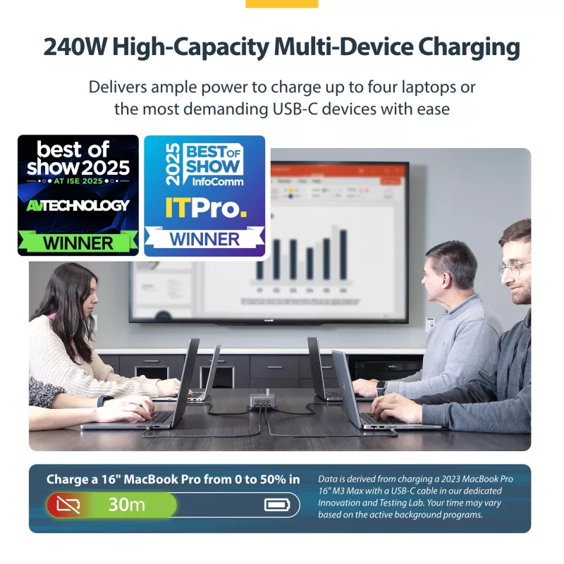 StarTech.com 4 prievadų kelių įrenginių USB-C įkroviklis, 240 W bendra galia, vienas prievadas 140 W EPR, PD 3.1, varžtiniai fiksavimo prievadai, konferencijų salėms, montavimo laikiklis paviršiui