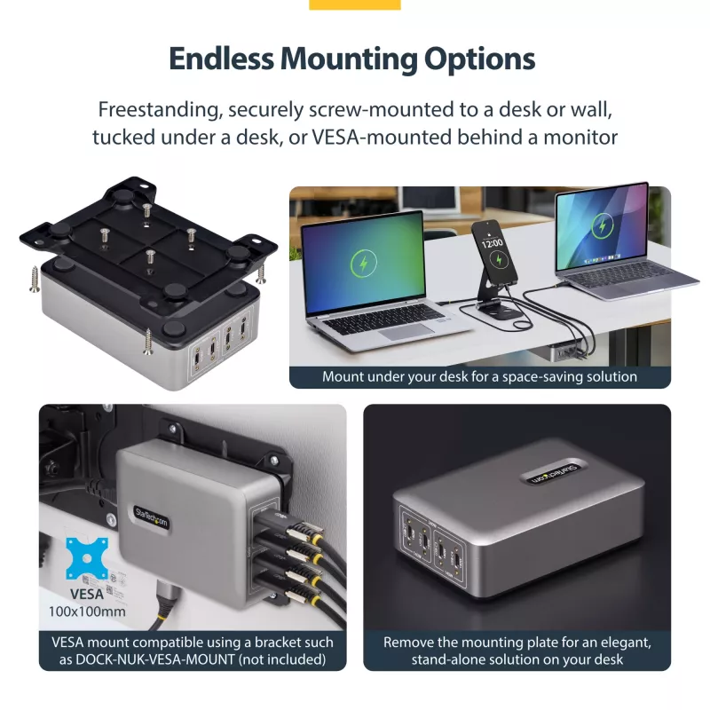 StarTech.com 4 prievadų kelių įrenginių USB-C įkroviklis, 240 W bendra galia, vienas prievadas 140 W EPR, PD 3.1, varžtiniai fiksavimo prievadai, konferencijų salėms, montavimo laikiklis paviršiui