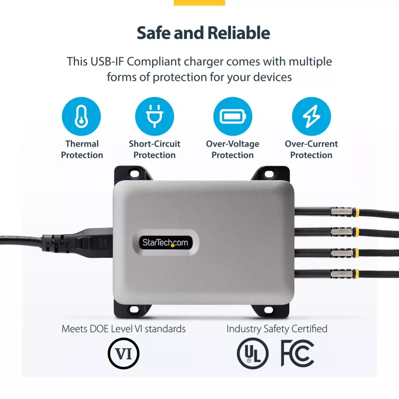 StarTech.com 4 prievadų kelių įrenginių USB-C įkroviklis, 240 W bendra galia, vienas prievadas 140 W EPR, PD 3.1, varžtiniai fiksavimo prievadai, konferencijų salėms, montavimo laikiklis paviršiui