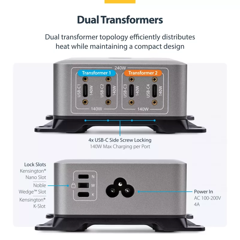 StarTech.com 4 prievadų kelių įrenginių USB-C įkroviklis, 240 W bendra galia, vienas prievadas 140 W EPR, PD 3.1, varžtiniai fiksavimo prievadai, konferencijų salėms, montavimo laikiklis paviršiui