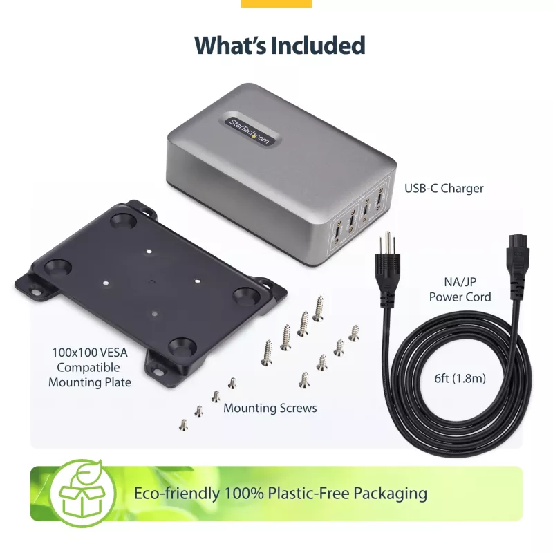 StarTech.com 4 prievadų kelių įrenginių USB-C įkroviklis, 240 W bendra galia, vienas prievadas 140 W EPR, PD 3.1, varžtiniai fiksavimo prievadai, konferencijų salėms, montavimo laikiklis paviršiui