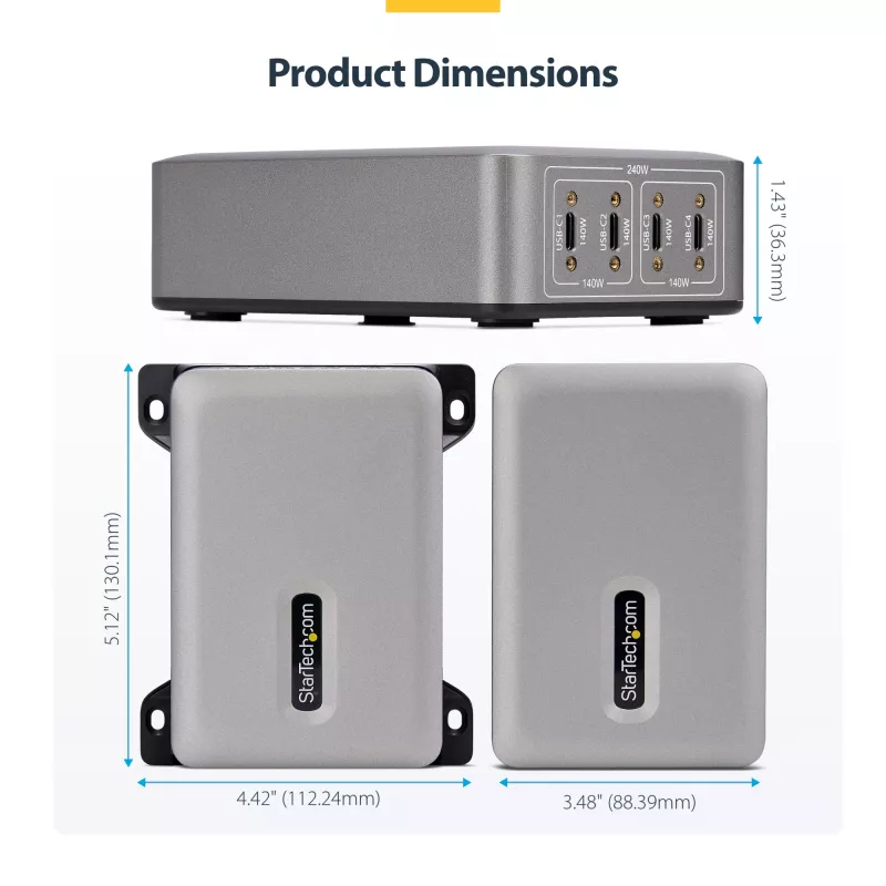 StarTech.com 4 prievadų kelių įrenginių USB-C įkroviklis, 240 W bendra galia, vienas prievadas 140 W EPR, PD 3.1, varžtiniai fiksavimo prievadai, konferencijų salėms, montavimo laikiklis paviršiui