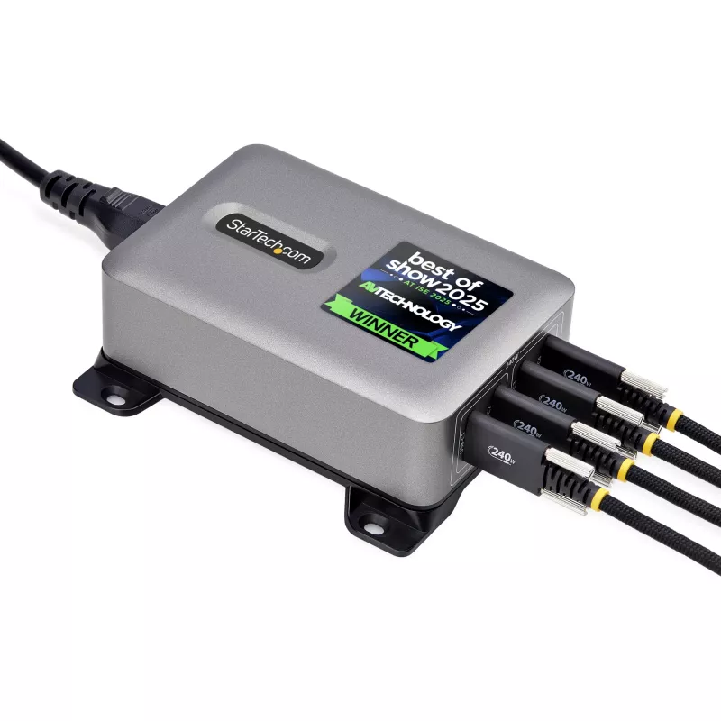 StarTech.com 4 prievadų kelių įrenginių USB-C įkroviklis, 240 W bendra galia, vienas prievadas 140 W EPR, PD 3.1, varžtiniai fiksavimo prievadai, konferencijų salėms, montavimo laikiklis paviršiui