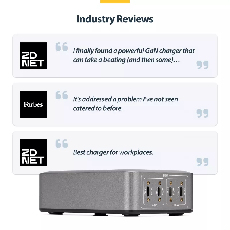 StarTech.com 4 prievadų kelių įrenginių USB-C įkroviklis, 240 W bendra galia, vienas prievadas 140 W EPR, PD 3.1, varžtiniai fiksavimo prievadai, konferencijų salėms, montavimo laikiklis paviršiui