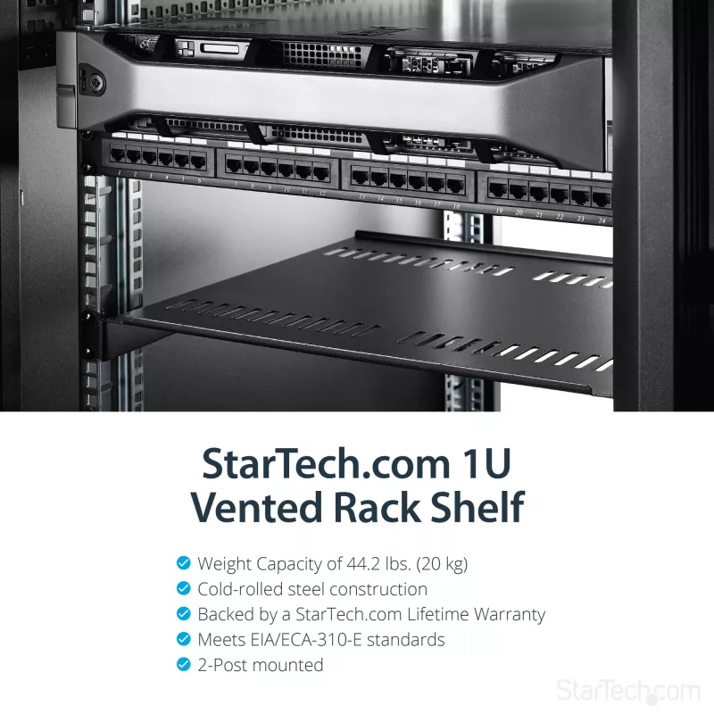 StarTech.com 1U serverinė lentyna – universali ventiliuojama konsolinė lentyna 19 inch tinklo įrangos stovui – plieninė, 20 kg talpa, 16 colių gylio, juoda