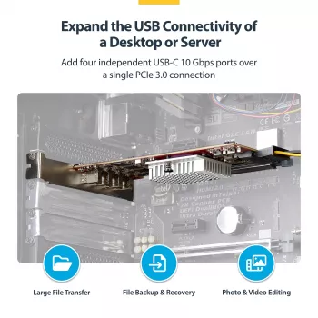 StarTech.com 4 prievadų USB Type-C PCIe kortelė, USB 3.2 10Gbps, USB-C PCI Express plėtimosi kortelė, 4 nepriklausomi USB valdikliai, Windows/Linux/macOS, TAA atitiktis