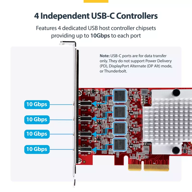StarTech.com 4 prievadų USB Type-C PCIe kortelė, USB 3.2 10Gbps, USB-C PCI Express plėtimosi kortelė, 4 nepriklausomi USB valdikliai, Windows/Linux/macOS, TAA atitiktis