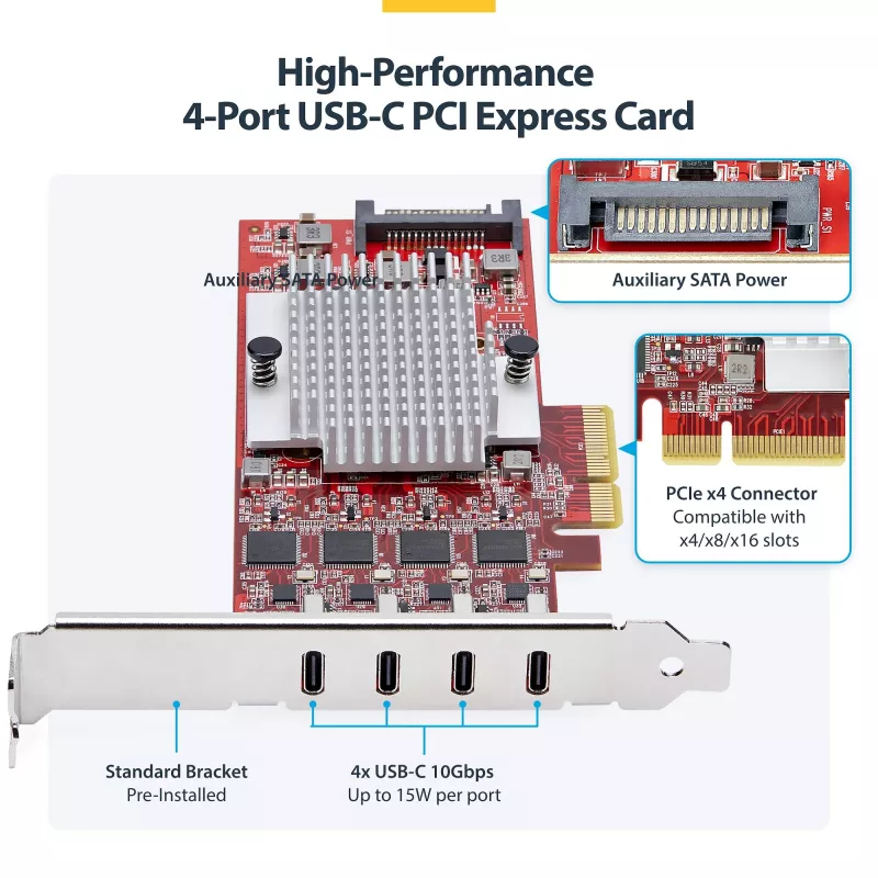 StarTech.com 4 prievadų USB Type-C PCIe kortelė, USB 3.2 10Gbps, USB-C PCI Express plėtimosi kortelė, 4 nepriklausomi USB valdikliai, Windows/Linux/macOS, TAA atitiktis
