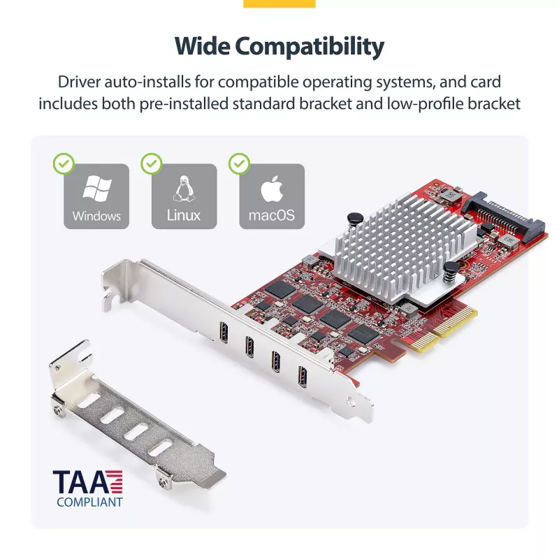 StarTech.com 4 prievadų USB Type-C PCIe kortelė, USB 3.2 10Gbps, USB-C PCI Express plėtimosi kortelė, 4 nepriklausomi USB valdikliai, Windows/Linux/macOS, TAA atitiktis