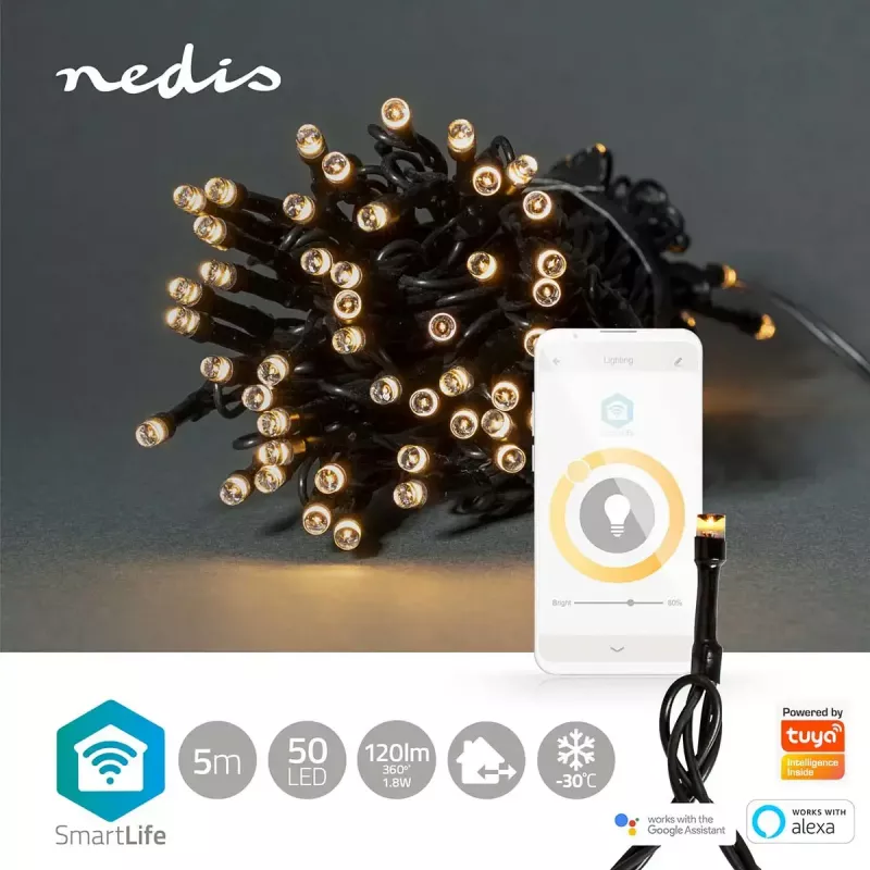 Nedis WIFILX01W50 SmartLife Wi-Fi kalėdinė lempučių girlianda 5 m, balta