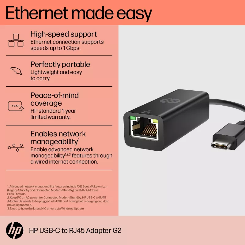 HP USB-C į RJ46 adapteris G2, laidinis, USB Type-C, juodas, Kinija, namams, Windows 10, Windows 11