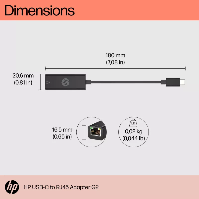HP USB-C į RJ46 adapteris G2, laidinis, USB Type-C, juodas, Kinija, namams, Windows 10, Windows 11