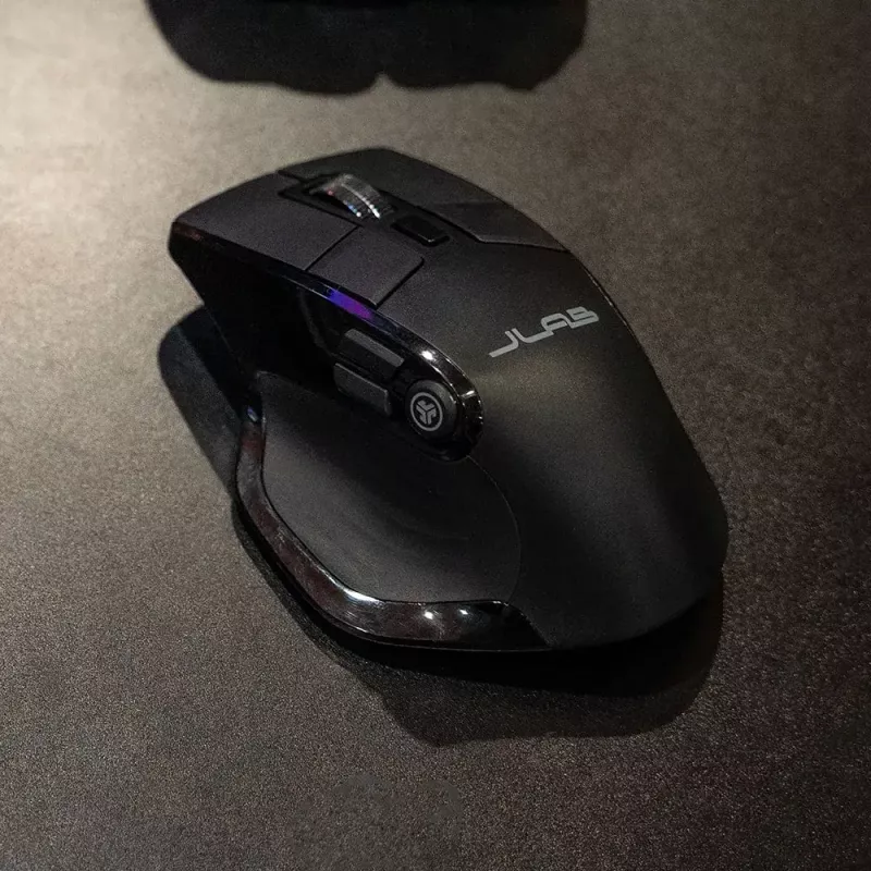 JLab Audio Epic Office dešinės rankos belaidė pelė – Bluetooth + USB Type-A, optinė 2400 DPI, 9 mygtukai, ratukas, juoda