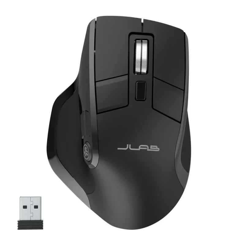 JLab Audio Epic Office dešinės rankos belaidė pelė – Bluetooth + USB Type-A, optinė 2400 DPI, 9 mygtukai, ratukas, juoda