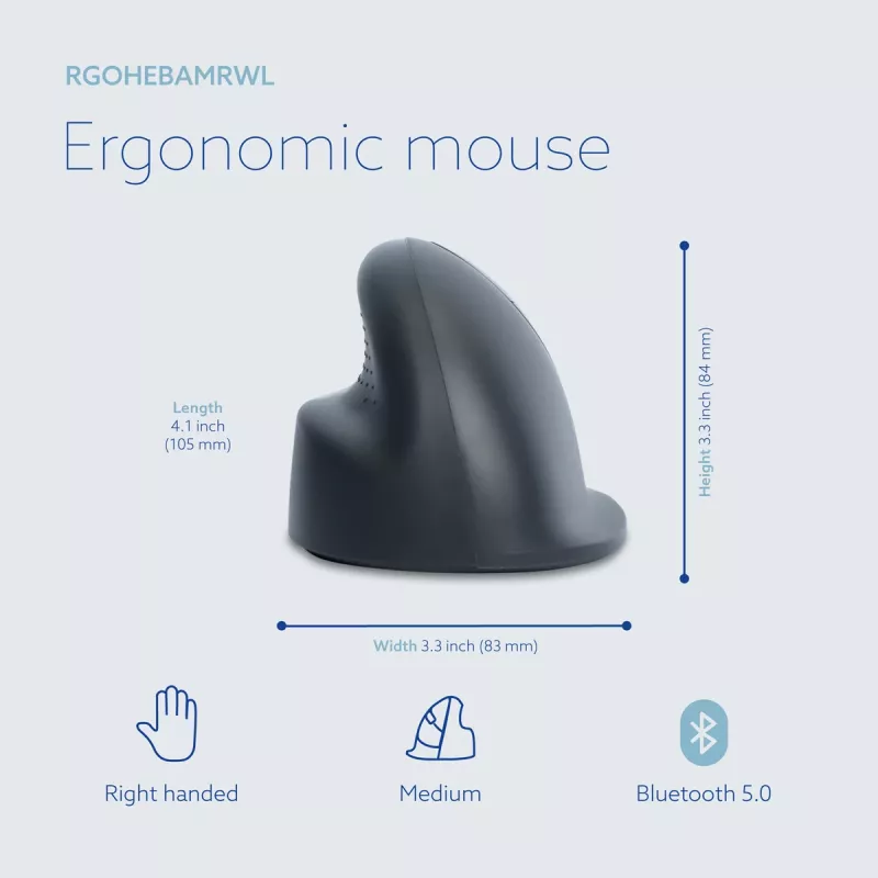 R-Go Tools vertikali pelė R-Go HE Basic, ergonomiška, vidutinė (rankos dydis ≥ 185 mm), dešinei rankai, Bluetooth, pilka