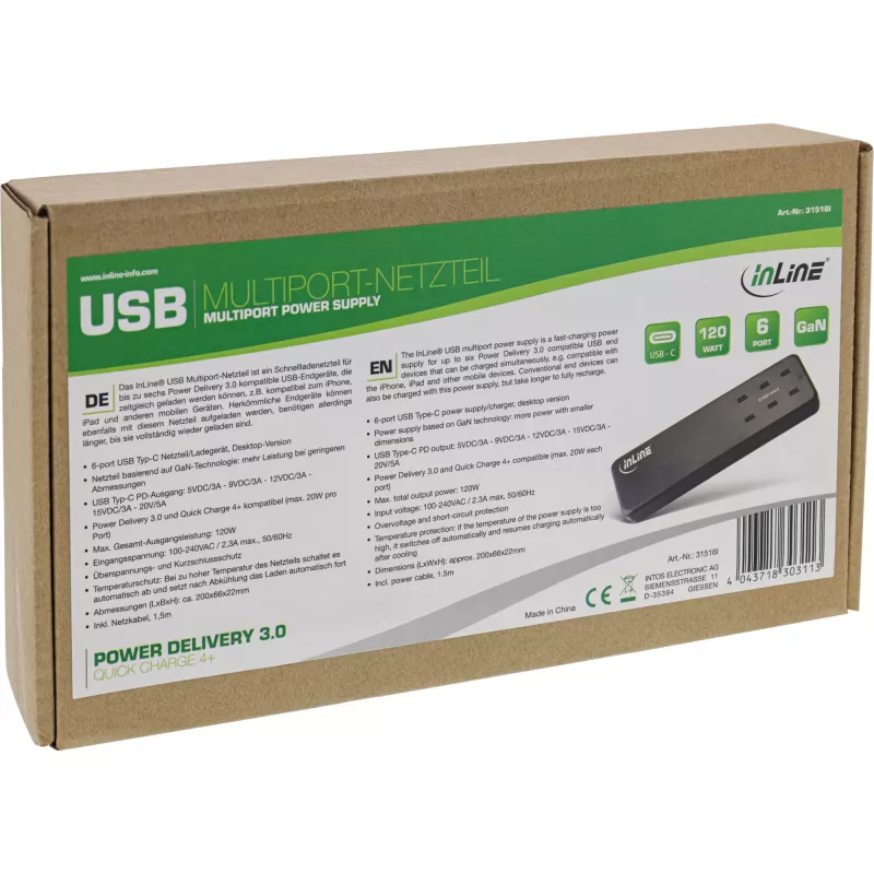 InLine 31516I kelių prievadų maitinimo blokas, 6x USB-C, PD 3.0, GaN, juodas